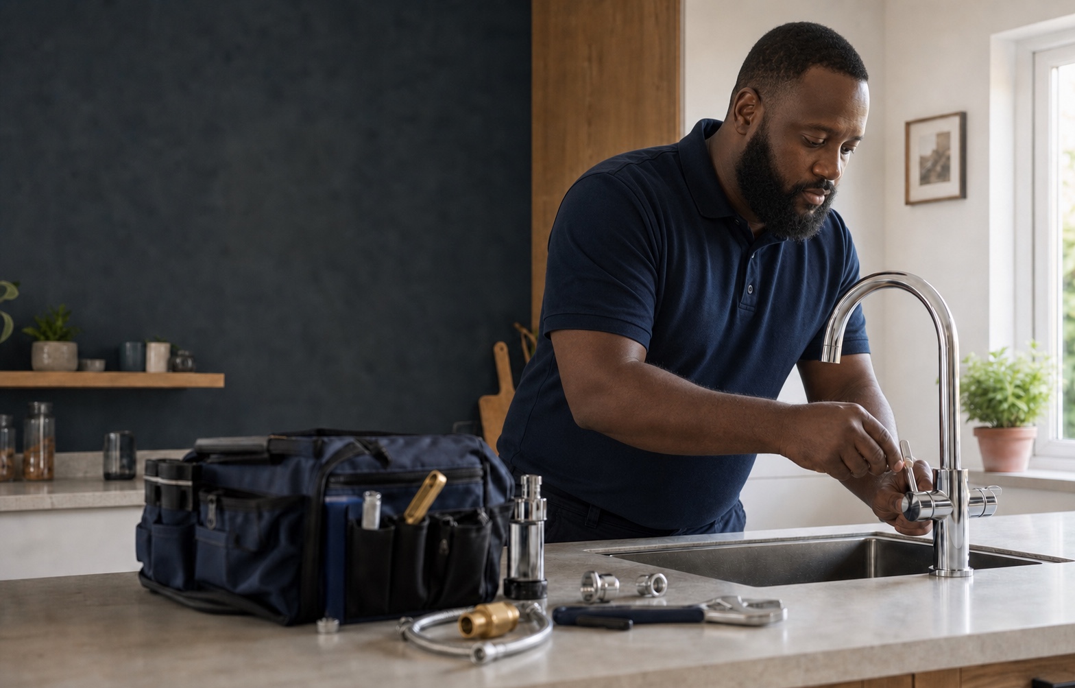 Professional plumber installing a kitchen tap
